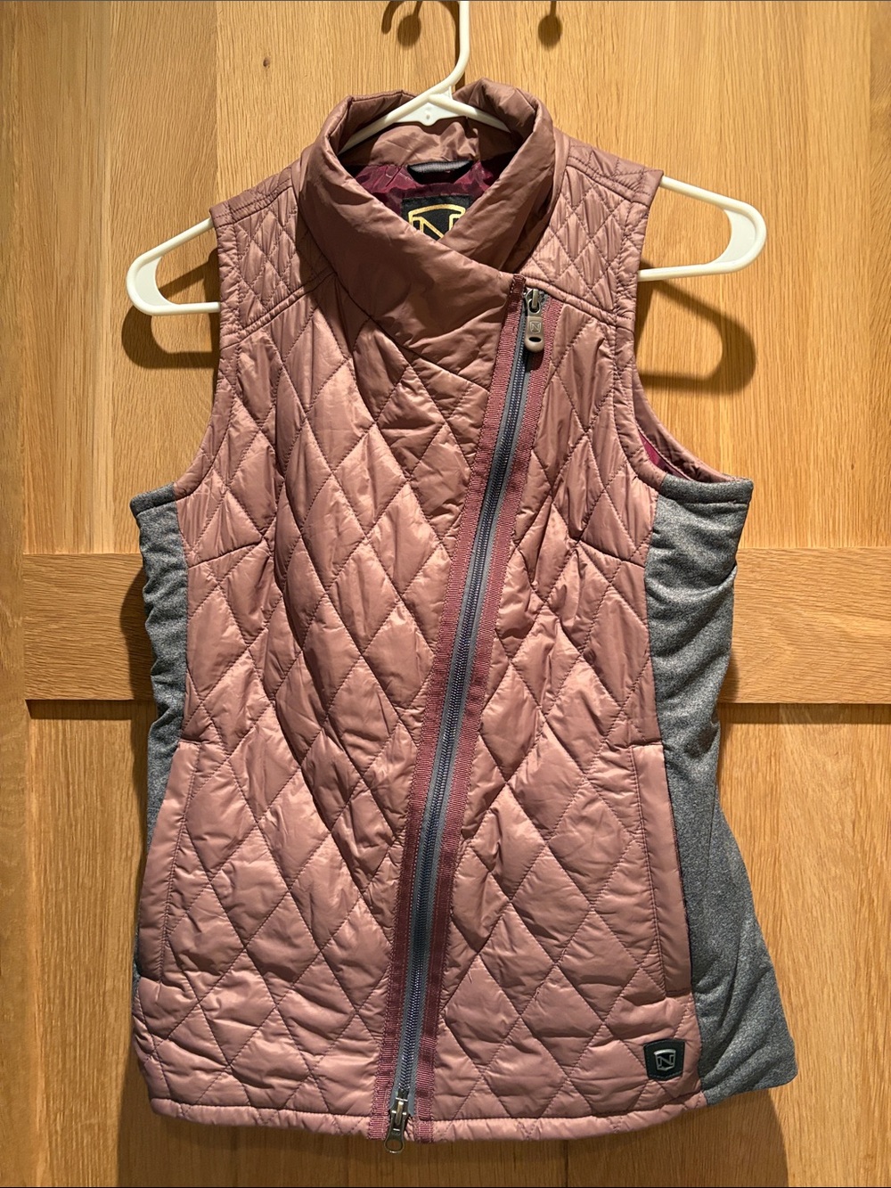 Diamond-Quilted Rose Pink Hybrid Vest with Gray Panels - Women's